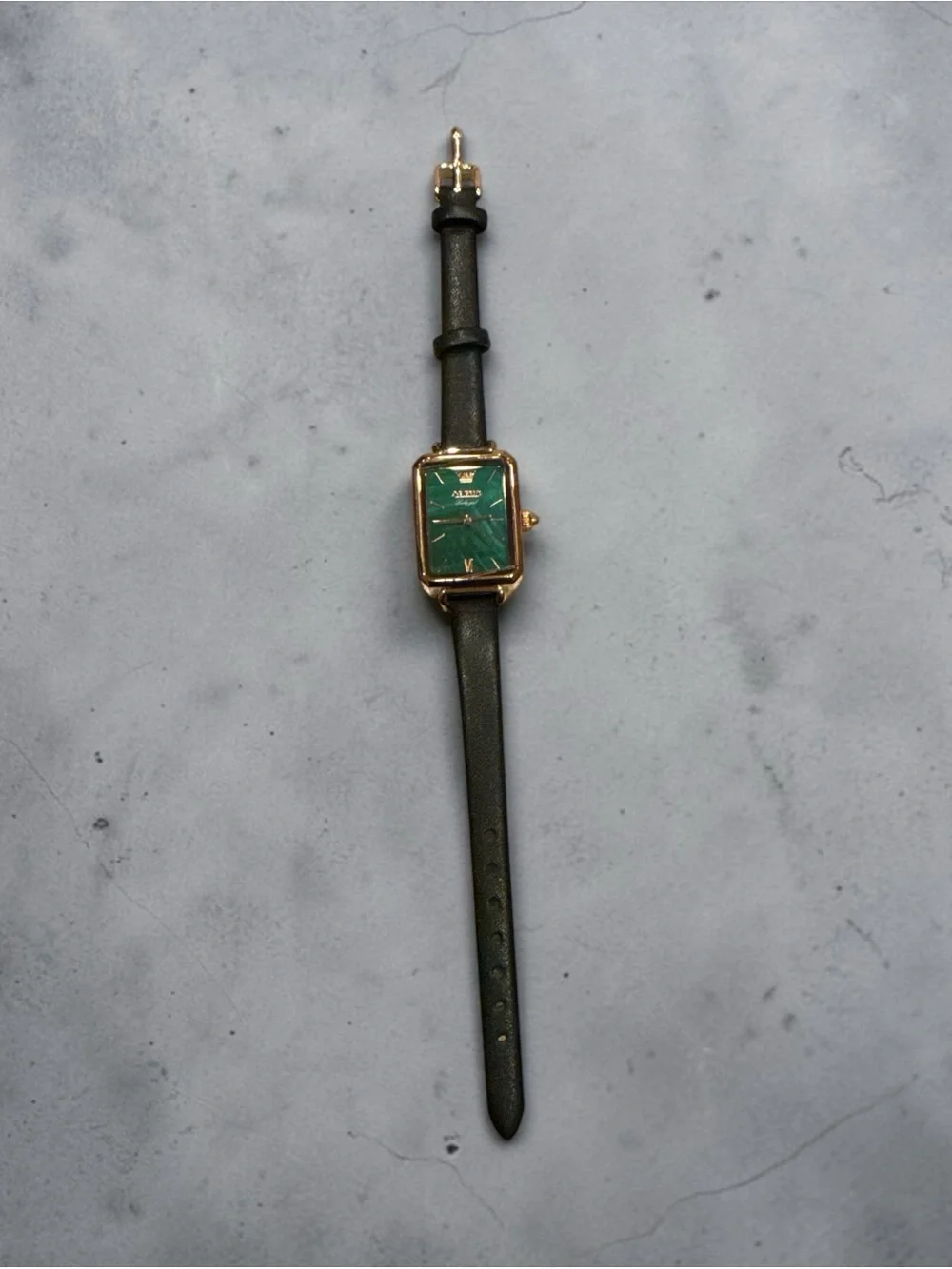 OLEVS Women's Black Leather Strap Watch with Green Dial